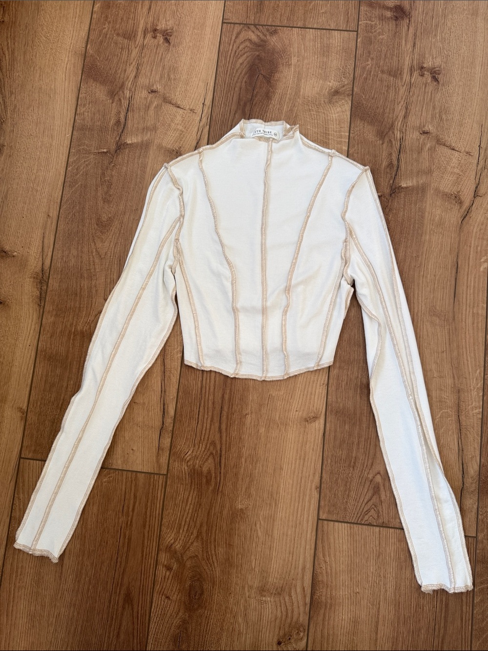 12th Tribe Cream Cropped Mock Neck Top with Tan Contrast Seams